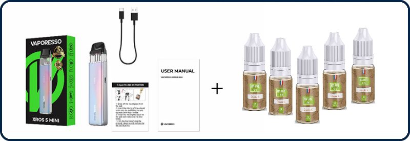 contenue du kit une xros 5 mini vaporesso + 5 eliquides à Mouvaux